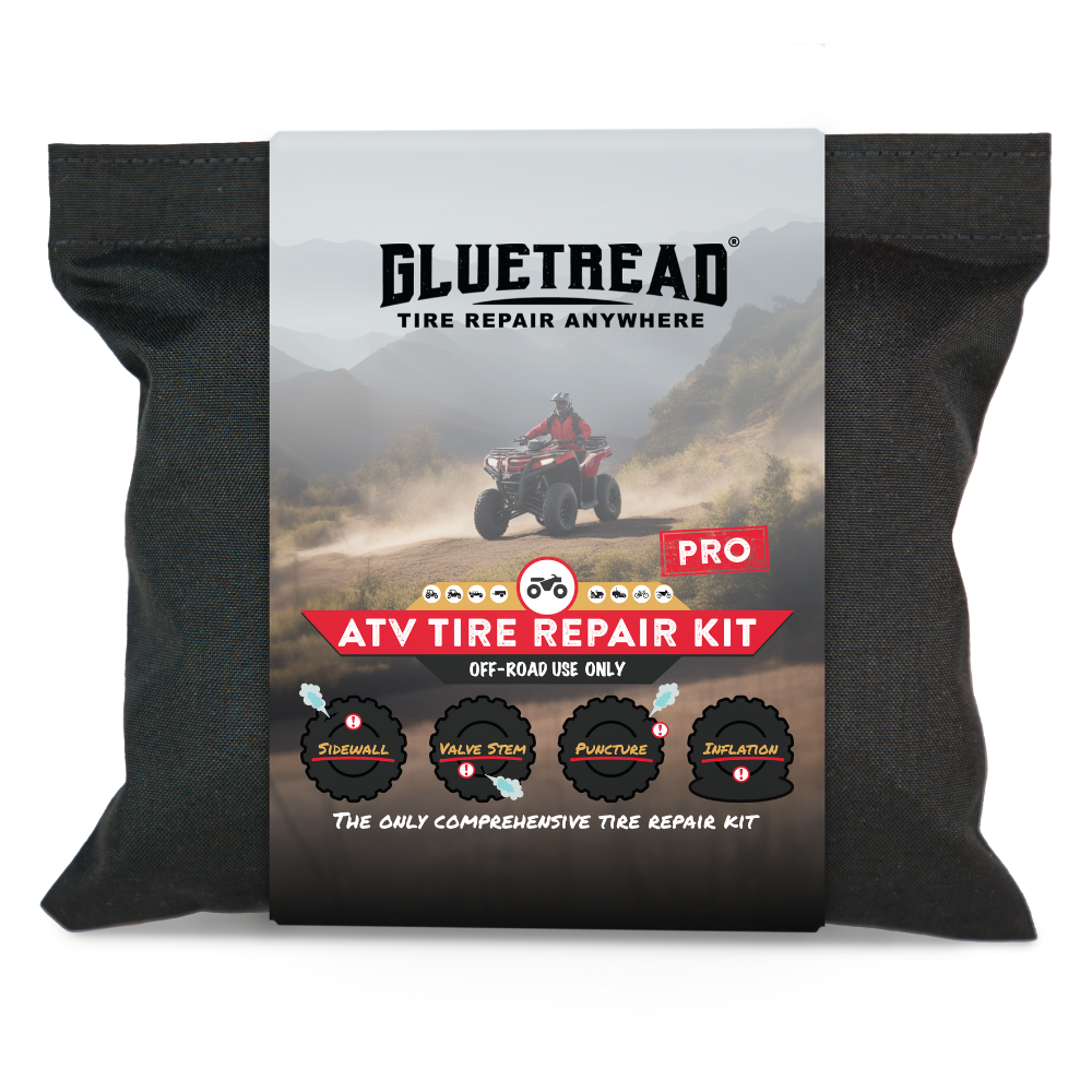 Glutread ATV tire repair kit packaging with a mountain and off-road vehicle background.