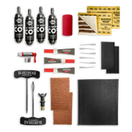 GlueTread sidewall repair kit contents including rubber patches, adhesive, sanding square, plugs, C02 and application tools