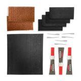 GlueTread sidewall repair kit contents including rubber patches, adhesive, sanding square, and application tools