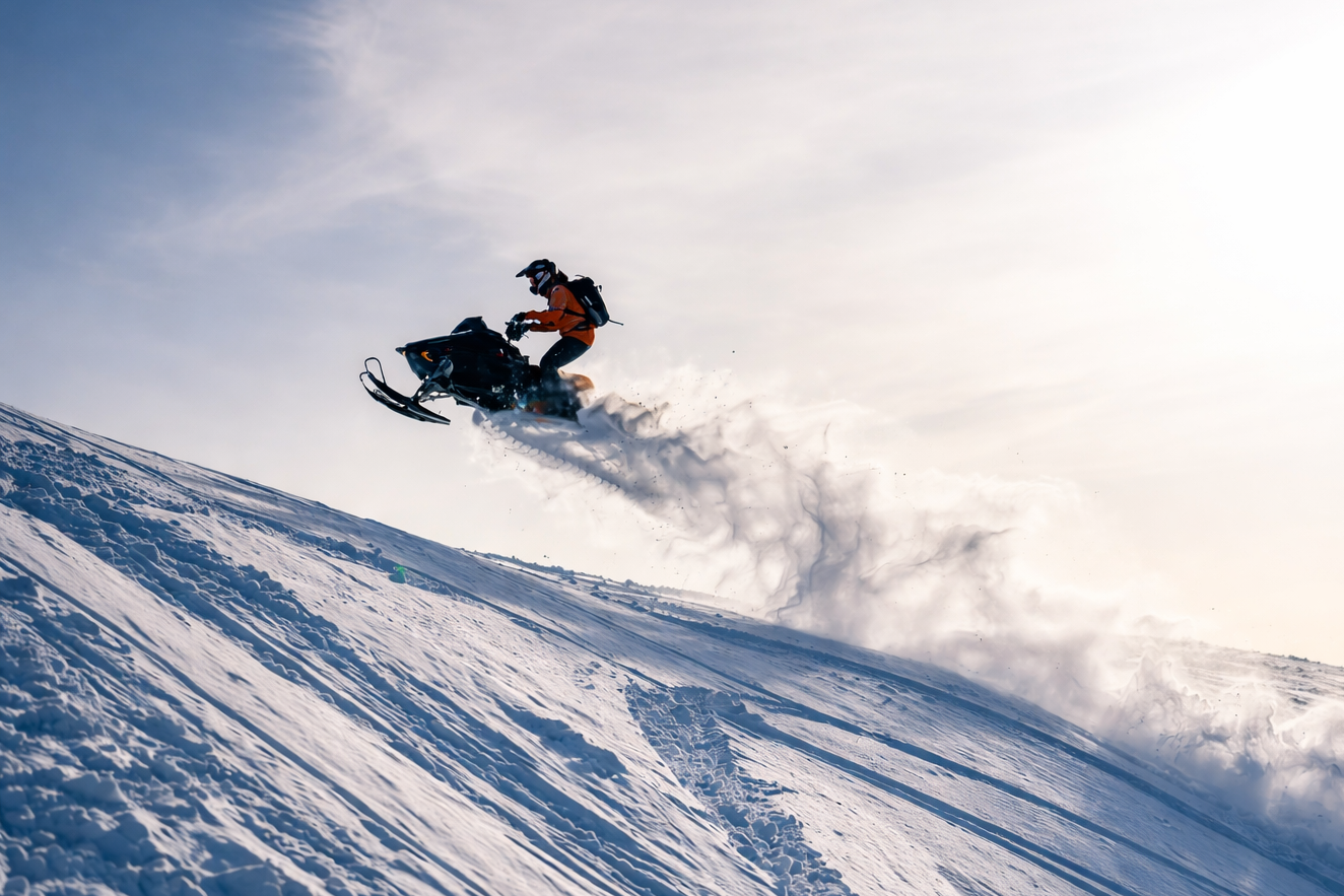 Person snowmobiling on a snowy slope with a clear sky