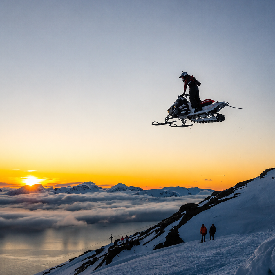 A snowmobile jumps high into the air over a snowy mountain ridge at sunset, with clouds below and a blue sky above. Small figures of people are visible on the slope below.